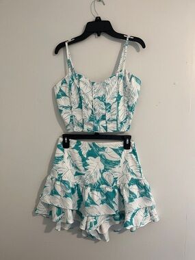 Teal Leaf Print Crop Top & Ruffle Skirt Set